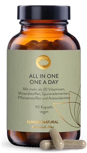 SUNDAY NATURAL® Multivitamin Komplex - All in One – Premium Rundum-Versorgung mit nur 1 Kapsel: 30 A-Z Vitamine, Mikronährstoffe – 90 vegane Vitamin Kapseln - Laborgeprüft und Ohne unnötige Zusätze