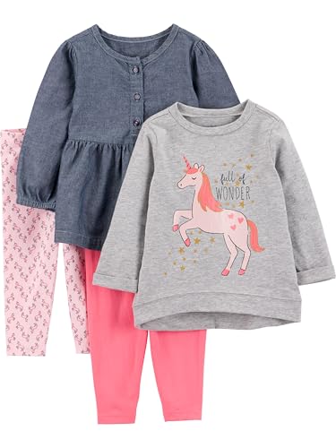 Simple Joys by Carter's Mädchen 4-Piece Long-Sleeve Shirts and Pants Playwear Hosen-Set, Grau Einhorn/Hellrosa/Jeans/Rosa, 5 Jahre