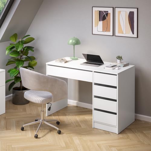 Bellamio Nore Schreibtisch in Weiß mit 5 Schubladen - Jugendschreibtisch 75x53x110 cm - Schminktisch & Schreibtisch Kombi - Computertisch mit Schubladen beidseitig montierbar – Bürotisch mit Stauraum