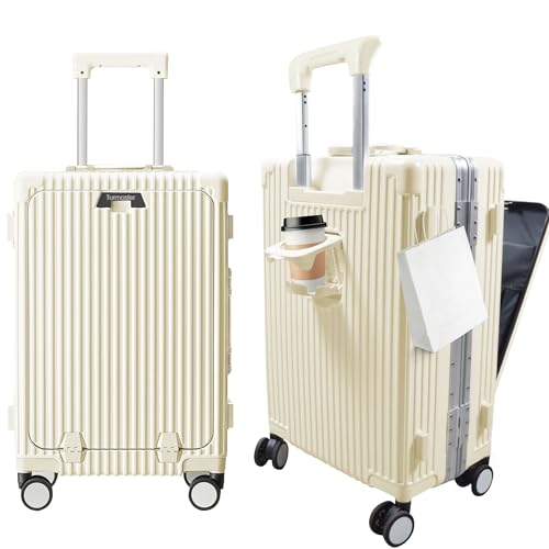 Turmaster Patented Airline Genehmigt Handgepäck mit Spinner-Rädern, 20 Zoll Koffer mit Aluminiumrahmen, integriertes TSA-Schloss, mit USB-Anschluss & Tasse, Handy-Halterung Reisekoffer (Weiß)