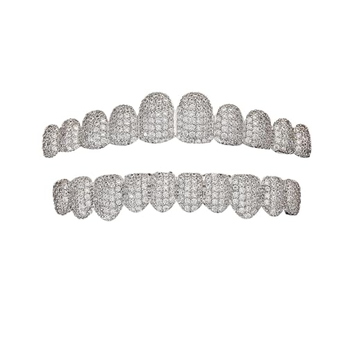 18 Karat Vergoldete Und Versilberte Iced Out Diamant Ober Und Untergrills, Hip Hop Rapper Modeaccessoires(Silver)