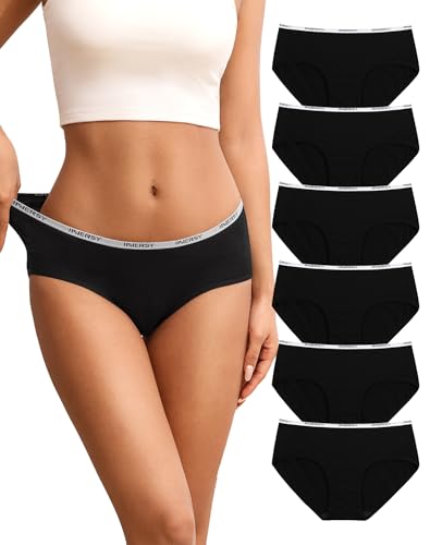 INNERSY Slip Damen Baumwolle Unterhosen Schwarz Taillenslip Frauen Hipster Panties Sport 6 Pack (S, Schwarz)