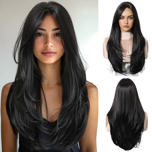 OUFEI Schwarz Perücken für Frauen Lange Perücke mit Pony Natürliche Gerade Perücken Synthetisches Haar Hitzebeständige Perücken für Die Tägliche Party Cosplay Wear