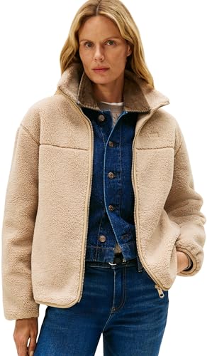 Tommy Hilfiger Damen Übergangsjacke Teddy Zip Up mit Stehkragen, Beige (Beige), L