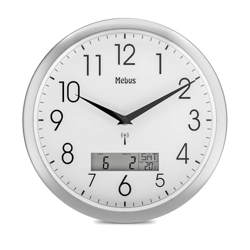 Mebus Funk-Wanduhr, 29 cm, lautlos, LCD-Anzeige für Datum und Temperatur, weiß, Modell 19422 - Multifunktional und leise