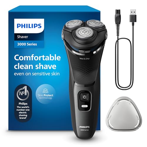PHILIPS Shaver Series 3000 – Elektrischer Rasierer für Herren: Nass- & Trockenrasur, mit SkinProtect-Technologie, in Anthrazit, mit ausklappbarem Bartschneider, kabellos (S3145/00)
