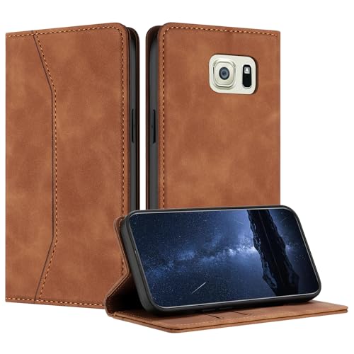 Mo-Beauty Hülle Kompatibel mit Samsung Galaxy S6 Edge, Handyhülle Samsung S6 Edge, Galaxy S6 Edge Hülle, PU Leder Flip Klappbare Schutzhülle Ledertasche Klapphülle für Samsung Galaxy S6 Edge(Khaki)