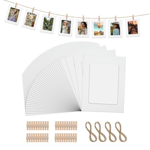 40 Stück Fotogirlande, Fotoleine mit Klammern, Papier Bilderrahmen 10 X 15 cm Weiß mit 40 Stücke Clips und 4 Stücke Hanf Seile Fotos Aufhängen für DIY Dekoration bei Geburtstag Hochzeit Party