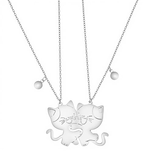 Neyauo 2 Stück Katzen Freundschaftsketten, Silberne Bff Ketten für 2 Mädchen, Freundschaftskette Mit Katzen Anhänger, Bff Geschenke für Beste Freundinnen, Paare, Schwestern