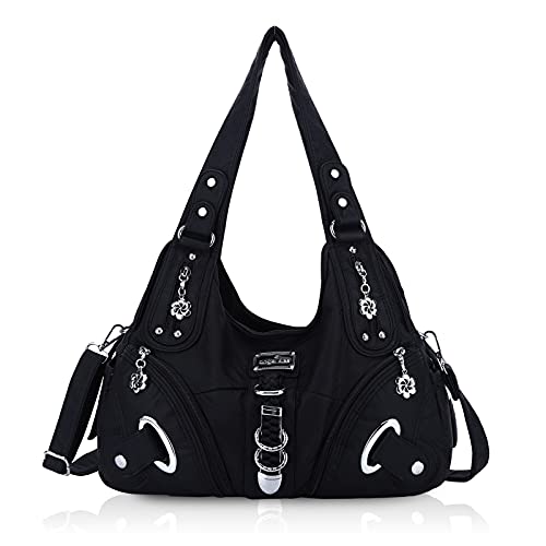 Angel Kiss Handtasche Damen Schultertasche Multifunktionale Umhängetaschen PU Leder mit Reißver Schlusstaschen (Schwarz-1)