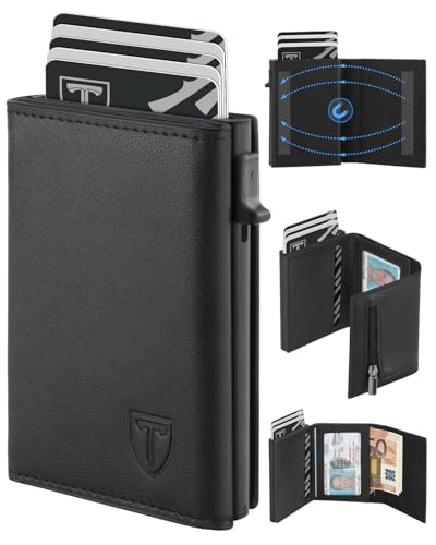 TEEHON Geldbörse Herren - Magnetischer Slim Wallet mit Münzfach&RFID Schutz&ID-Fenster-Leder Portmonee Geldbeutel kartenetui für Karten - kreditkartenetui Herren Klein - Kartenhalter Schwarz (Tee-5)