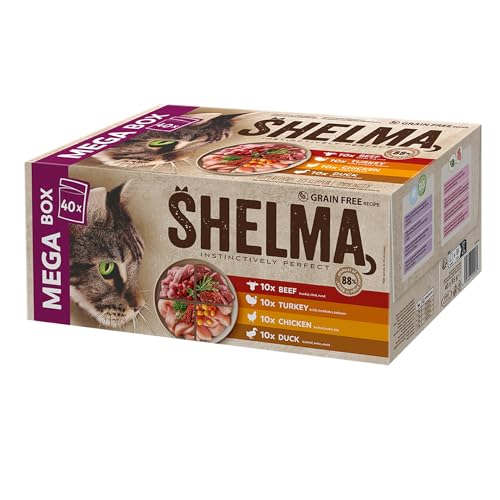 Shelma Katzen-Nassfutter Fleisch Megapack mit den Sorten Rind, Truthahn, Huhn und Ente – Getreidefreies Alleinfuttermittel mit hohem Fleischanteil – 40 x 85 g (3,4 kg)