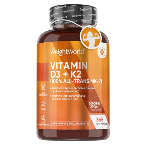 Vitamin D3 K2 2000 IE - 2 Jahr Vorrat - 365 Tabletten mit 200μg Vit K2-100% All-Trans MK-7-1 Tablette/2 Tage - Kleine Tabletten aus natürlichen Zutaten - Vegane Quelle (Flechten) - WeightWorld