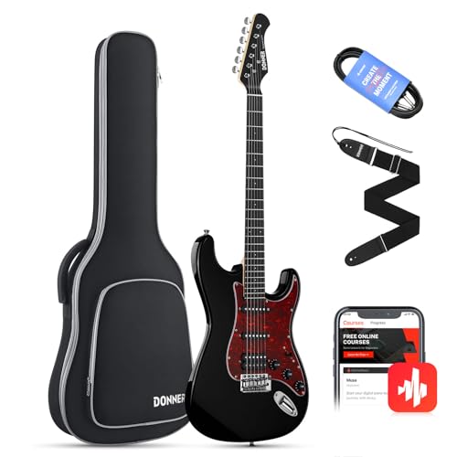 Donner E-Gitarren Set Full Size, HSS Spule Geteilte Pickups, 39 Zoll Solid Body ST Gitarre Anfänger Set mit Tasche, Gurt, Kabel (Designer Series, Ritter-Schwarz)