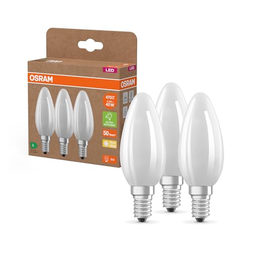 OSRAM Hocheffiziente LED Lampen mit Energieeffizienz Klasse A, Vorteilspack mit 3 Leuchtmittel, ersetzt herkömmliche 40W Glühbirnen, Kerzenform, warmweiß(2700K), E14, mattes Glas