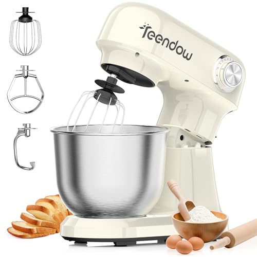 Teendow Küchenmaschine1500W,12 Geschwindigkeitsstufen & Pulsfunktion,Teigmaschine mit 4,7L Edelstahlschüssel, inkl. Knethaken, Rührbesen und Flachschneider, milchig weiß