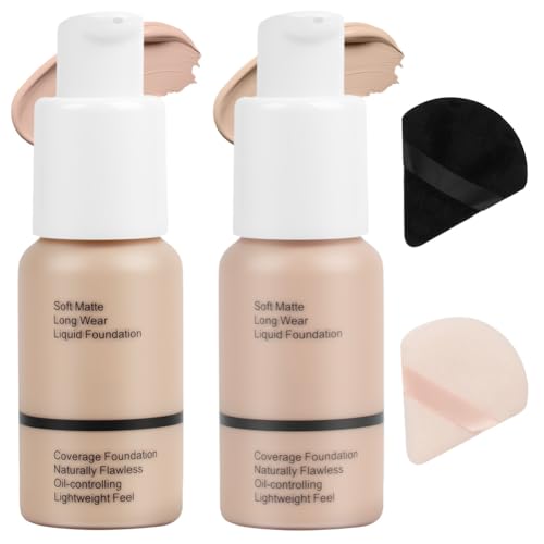 ALIIP Matte Foundation, 2er Full Coverage Foundation mit Puderquaste, Flüssige Foundatio Wasserfest und Langanhaltend, Wischfest, Makeup für Mischhaut, Fettige Haut, #102,#104