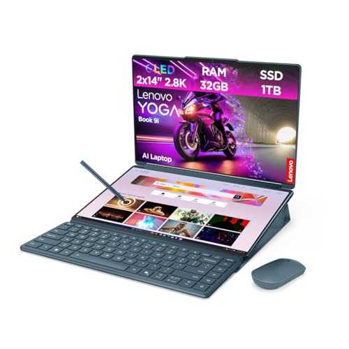 Lenovo Yoga Book 9i AI Laptop | 2x14''2.8K WQXGA OLED Touch | Intel Core Ultra 9 285H | 32GB RAM | 1TB SSD | Intel Arc 140T | Win11 | QWERTZ | Tidal Teal | Inkl.Maus+Stand+Hülle | 3 Jahre Premium Care