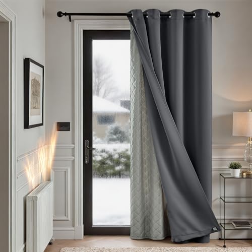 TOPICK Thermovorhang Kälteschutz Gardinen Wohnzimmer blickdicht mit Ösen Türvorhang Verdunklungsvorhänge Schlafzimmer Curtains H214xB132 cm doppelten Vorhänge mit abnehmbare Schicht Dunkelgrau 1 Stück