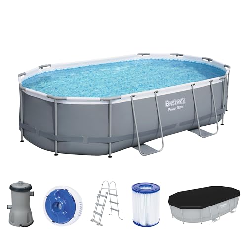 Bestway Power Steel Frame Pool Komplett-Set mit Filterpumpe 488 x 305 x 107 cm, grau, oval