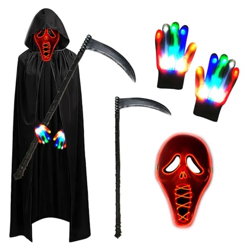PASLFC Sensenmann Kostüm Erwachsene,Leuchtende Maske Set mit Sensemann Umhang und Sense und Glow Handschuhe,Halloween Kostüm Erwachsene,Kostüm Halloween Herren für Party Karneval Cosplay
