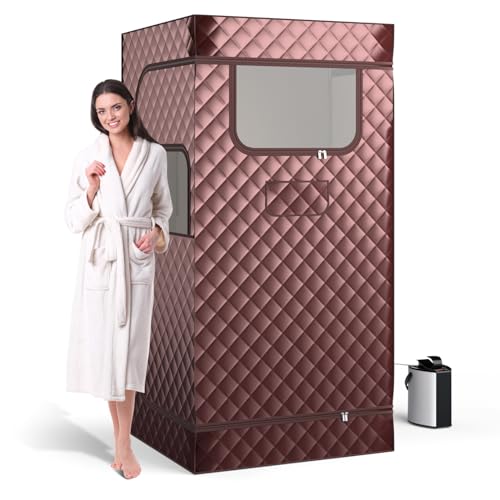 COSTWAY Dampfsauna Heimsauna für Zuhause, Ganzkörpersaunabox mit 3-Liter-Dampfgenerator, Fernbedienung, Fußmassagegerät & Klappstuhl, tragbare Saunazelt 91 x 91 x 183 cm (braun)