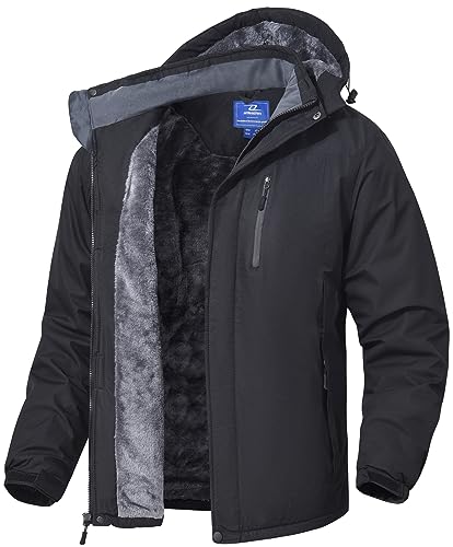 SPOSULEI Herren Winter Fleecejacke Warme Verdickt Gefüttert Skijacke Outdoor Winddicht Wasserdicht Jacke mit Abnehmbarer Kapuze für Wandern Schwarz 3XL