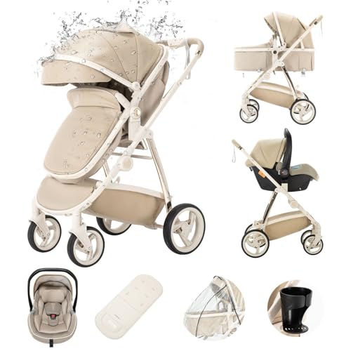 Kakbgee Leder 3-in-1 Kinderwagen, Kombi-Kinderwagen mit ECE R129 Babyschale, Buggy mit Einhand-Klappfunktion, Aluminium-Rahmen, Moskitonetz, Hochliegende Tragetasche für Neugeborene 0-4 Jahre