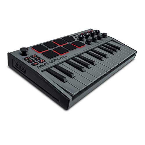 Akai Professional MPK Mini MK3 - 25-Tasten USB MIDI Keyboard Controller, 8 Hintergrundbeleuchtete Drum Pads, 8 Regler und Software und Native Instruments Sound Package (NKS Integration), Farbe Grau