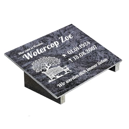Grabplatte mit Inschrift aus Granit Orion Blue, personalisierbar Gedenktafel für Urnengrab, Wählmotiv, Grabstein für 1-2 Pers., Urnengrabstein (Orion Blue, 30x40cm mit Stützen, Bank)
