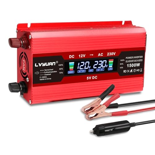 LVYUAN Wechselrichter 12V 230V 1500W Spannungswandler Stromumwandler Inverter mit 2 USB LCD EU Steckdosen für Geschaeftsfahrten und Urlaub