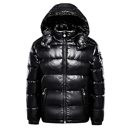 Earnmore Warme Daunenjacken für Herren, einfarbig, Winterjacke, Schnee-Daunenjacken, Kapuzenreißverschluss, Metall, glänzender Windbreaker, Schwarz, M