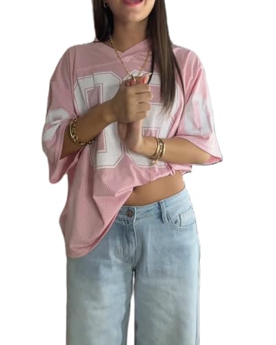 Cusghjbsg Damen-Basketball-T-Shirt, Sommer, kurzärmelig, V-Ausschnitt, Zahlendruck, lockeres Oberteil, übergroßes Jersey, Baggy-Pullover, Shirt, Streetwear, Pink L, S