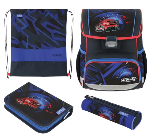 Herlitz Schulranzen Set 4-teilig Loop High Speed Blau 17 L Ergonomischer Tornister mit geringem Gewicht 1. Klasse Junge Mädchen Kinder, Rennauto