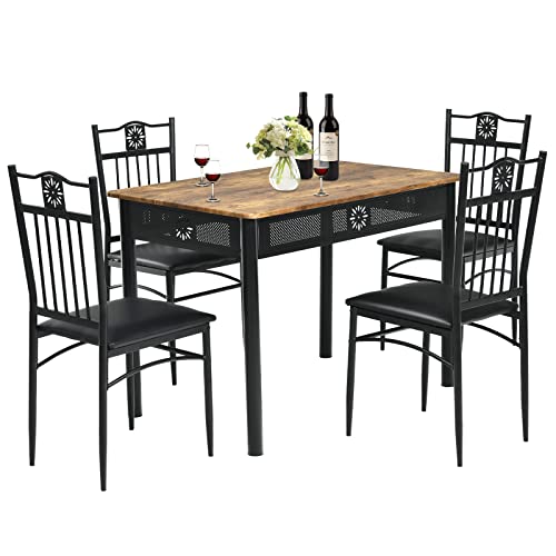 COSTWAY 5 teiliges Esstisch-Set, Essgruppe mit 4 gepolsterten Stühlen, Küchentisch Bistrotisch Esszimmergruppe Sitzgruppe 4 Personen Holz für Küche, Esszimmer (Black)