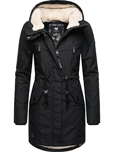 Ragwear Damen Mantel lange warme Winterjacke mit Teddyfell-Kapuze Elsie Intl Black22 Gr. XL