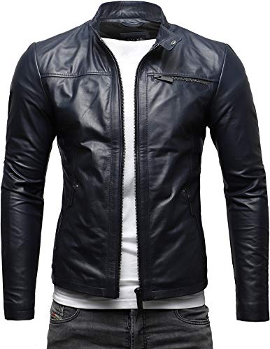 Crone Epic Herren Lederjacke Cleane Basic Leder Jacke in vielen Varianten und Farben (DE/NL/SE/PL, Alphanumerisch, L, Regular, Regular, Deep Blue (Rindsleder))