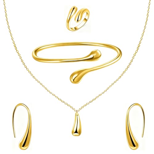 ALMLWIAJ Gold Schmuck Set für Damen, 4 Stück Tropfen Kette Ohrringe Ring und Armband mit Elegante Geschenkbox