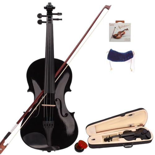 LEADZM 4/4 Violin Set Full Size, Geige mit Etui, Bogensehne, Kolophonium, Gefederte Schulterstütze, Massivholzgeige für Anfänger (Schwarz)