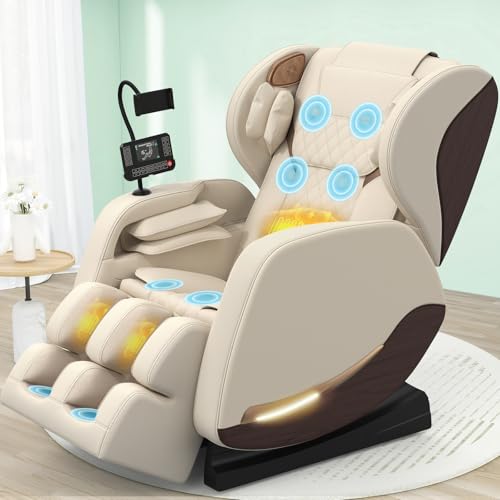 Ganzkörper Massagesessel mit 14 Massagerollen, Bein- und Taillenheizung, 8 Airbags, Bluetooth-Lautsprecher, Touchscreen-Controller, verstellbare Fußstütze, Heimkino-Relaxsessel mit Schwerelosigkeit