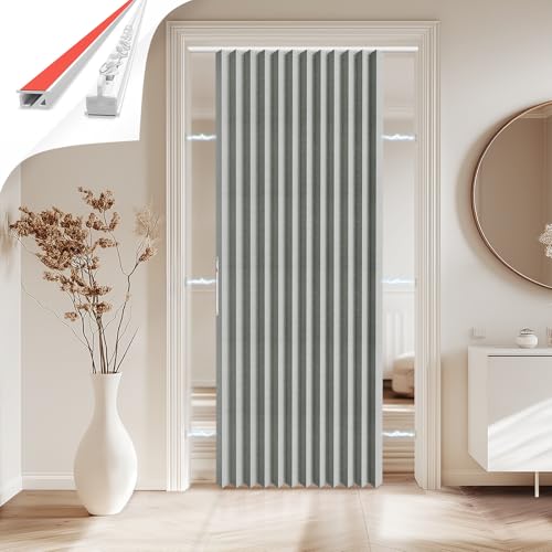 Jilron 100% Blickdichter Türvorhang – Faltbarer Akordion-Stil mit Magnetverschluss, Klebemontage ohne Bohren, inkl. Klebeschiene, Verdunkelung & Windschutz,Grau, H201 x B135 cm