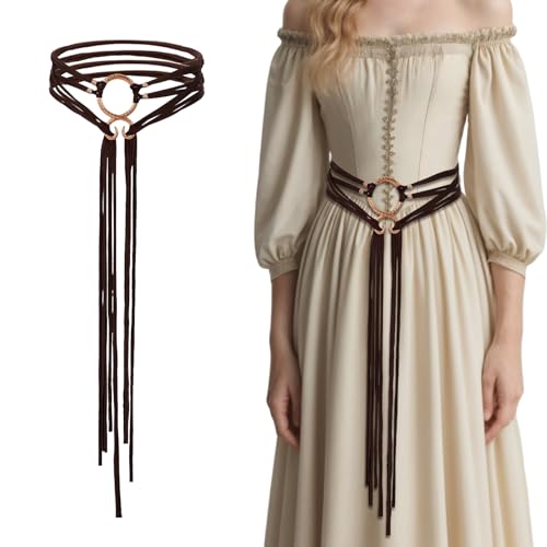 Abeillo Langer Seilgürtel, Mittelalterlicher Wikinger-Troll-Kreuzgürtel für Frauen, Ren Faire-Gürtel, Hexen-Seilgürtel, mittelalterliche Accessoires für Frauen(Braun)