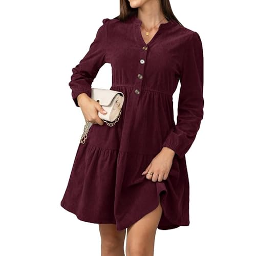 Alaster Queen Damen Herbstkleid Herbst Winter Kleid Langarm Volant Blusenkleid Damen Strickkleid Mit Taschen V-Ausschnitt Knielang Kleid Festlich Elegant Autumn Dress,Rot,L