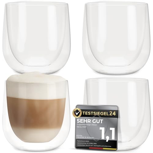 4er Set Cappuccino Tassen 250ml - Gastronomie Qualität - spülmaschinenfest und hitzebeständig - doppelwandige Kaffeegläser - Borosilikatglas für Cappuccino Gläser Modern