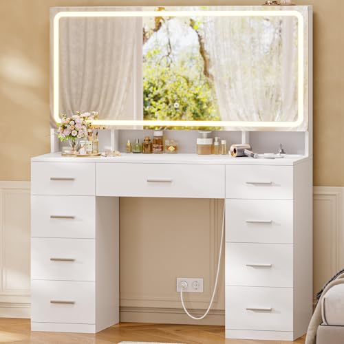 Schminktisch mit LED Beleuchtung,105x53cm XXL Spiegel-Kosmetiktisch mit Ladestation,9 Schubladen,Großer Ablagefläche Moderner Schreibtisch mit Beleuchtung für das Schlafzimmer (Weiß - 9 Schubladen)