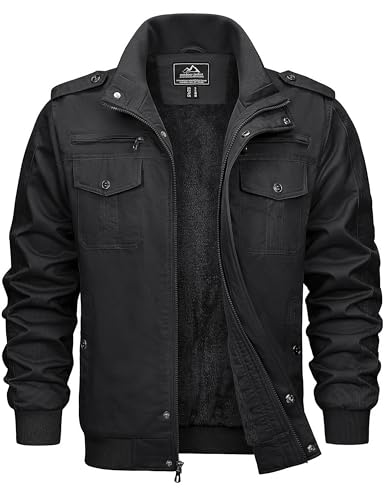 KEFITEVD Winterjacke Herren Herren Fleece Gefüttert Fliegerjacke Warme Fleecejacke Herren Army Feldjacke Cargo Männer Jacke Schwarz L