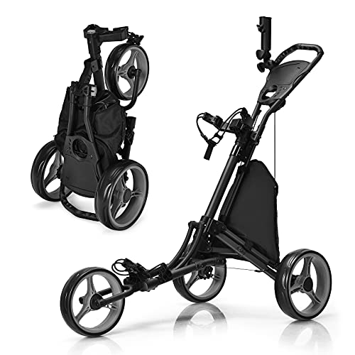 GOPLUS Golf Trolley, Golftrolley 3 Rad mit Verstellbarer Griff, Fußbremse, Golfwagen klappbar mit Schirm- und Getränkehalter & wasserdichter Tasche, Golfcaddy Golf Push Cart (Grau)