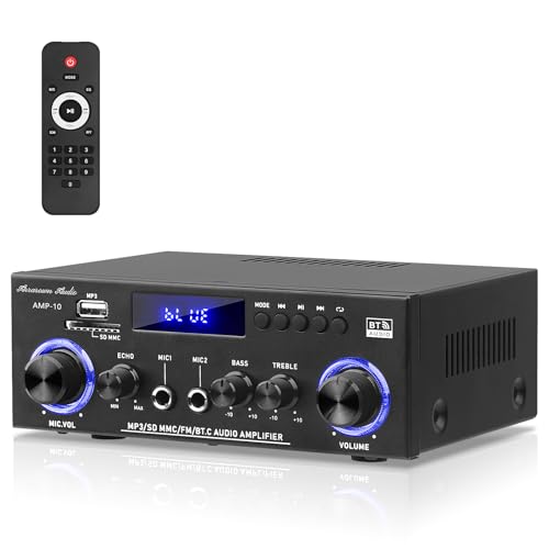 AMP-10 Bluetooth Verstärker RMS 50WX2 Stereo Audio Verstärker Empfänger für Zuhause Lautsprecher 2.0 Kanal Max 600W Ausgang Mini Leistungsverstärker w/FM Radio, Echo, MIC, USB, SD Eingang