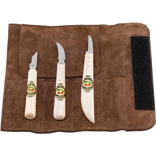 KIRSCHEN Werkzeuge 3307000 Schnitzmessersatz in Veloursleder-Tasche, 3-teilig - Kerbschnitzmesser für Anfänger & Profis