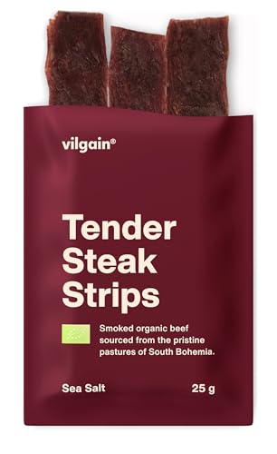 Vilgain Getrocknete Steakstreifen BIO – 25 g, 98,5% hochwertiges Rindfleisch, proteinreich, salziger Snack, ohne Zusatzstoffe, aus zertifizierten Bio-Betrieben, ideal für unterwegs